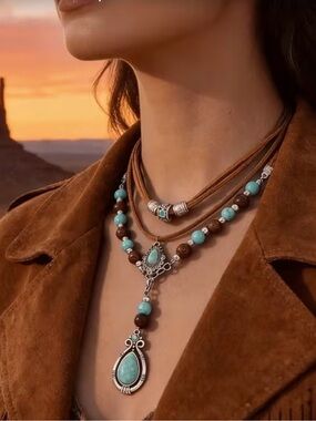 Boho Turquoise Layered Pendant Corded Necklace